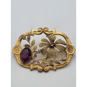 Antique Gold Tone Floral Victorian Amethyst Glass Brooch, Signed GLP